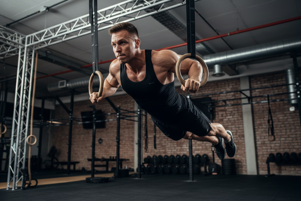 man using gym pull-up rings