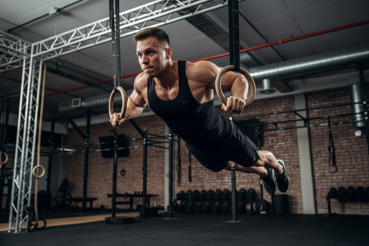 man using gym pull-up rings