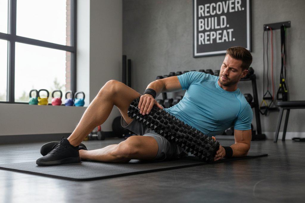 man using spiky foam roller