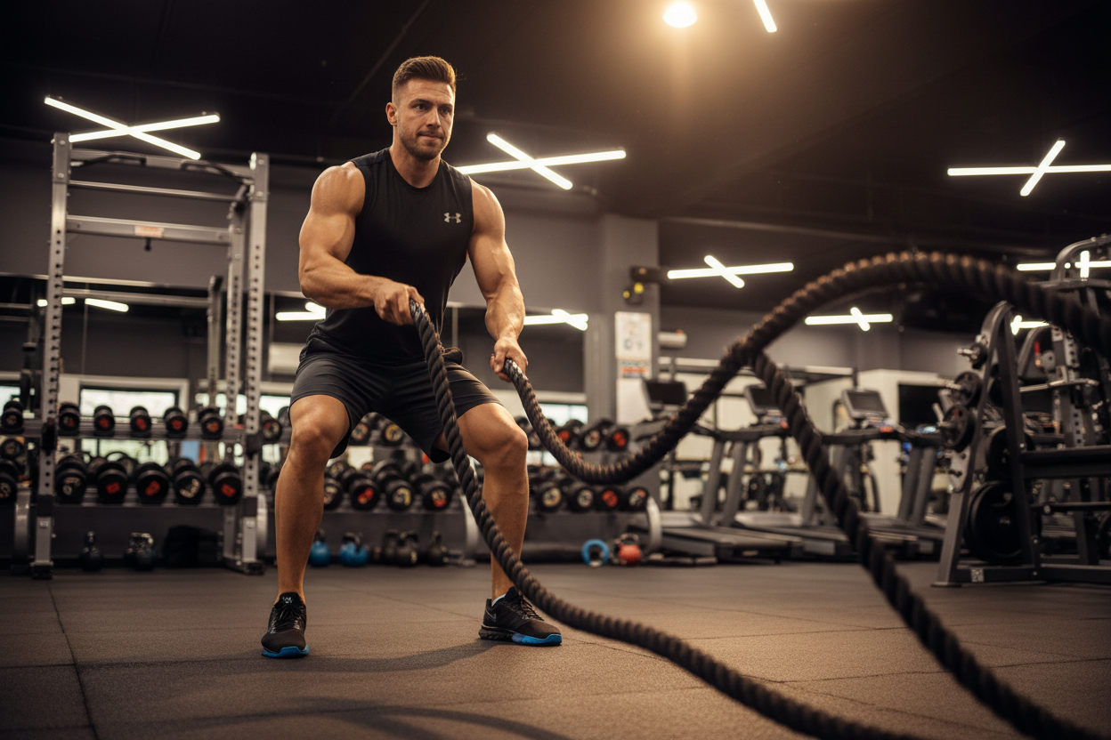 man using workout ropes