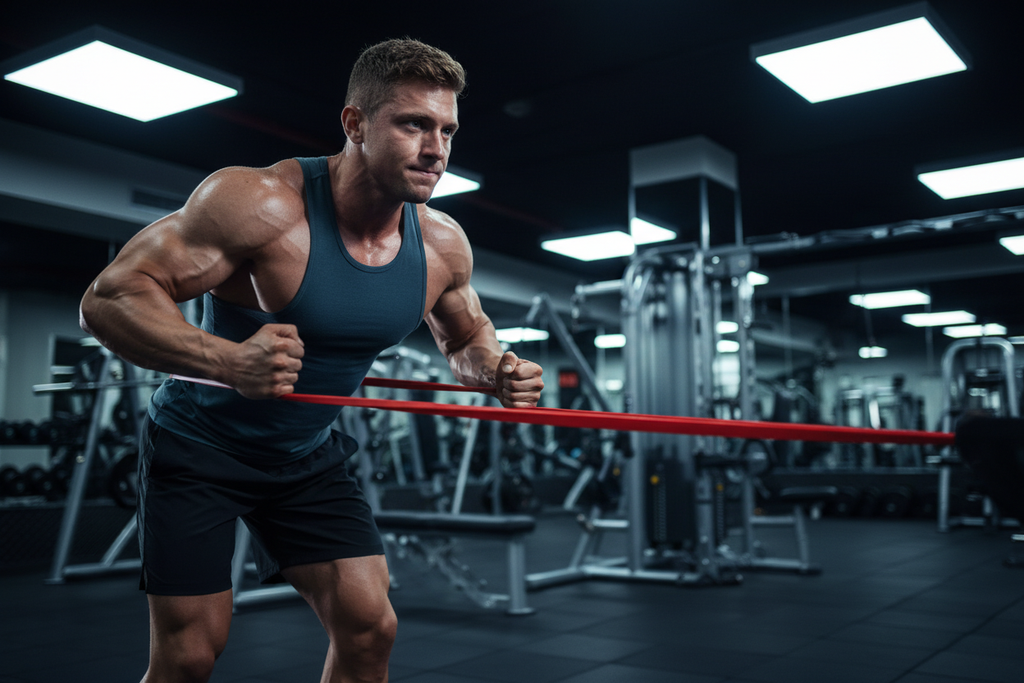 muscular man using resistance band 