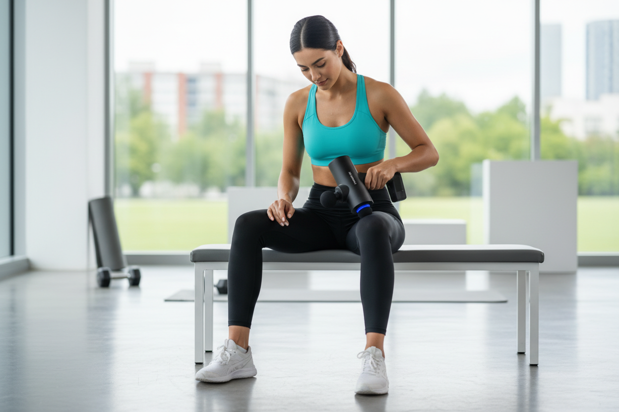 woman using massage gun